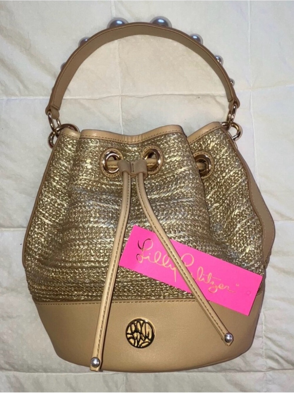 Lilly Pulitzer Straw & Tan Drawstring Bucket Bag - Picture 3 of 6
